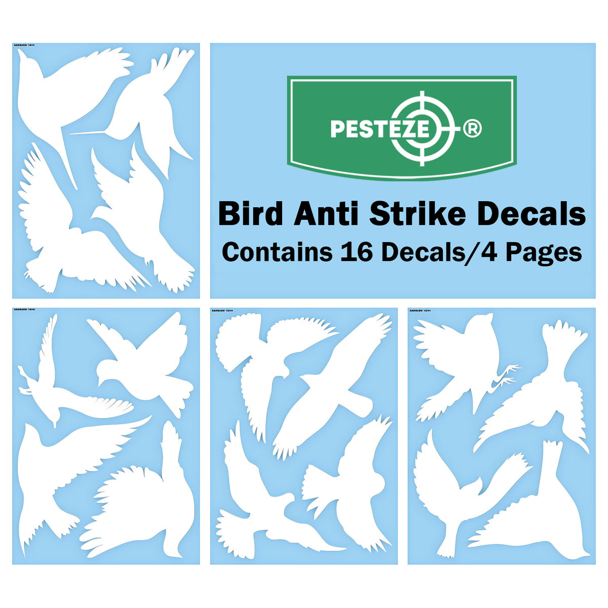 PESTEZE® USA UV Reflective Window Bird Decals–Anti Collision Static Cling Stickers for Windows to Prevent Birds from Hitting Glass–Removable, 16 Pack Window Alert Clings – Humane Bird Strike Prevention