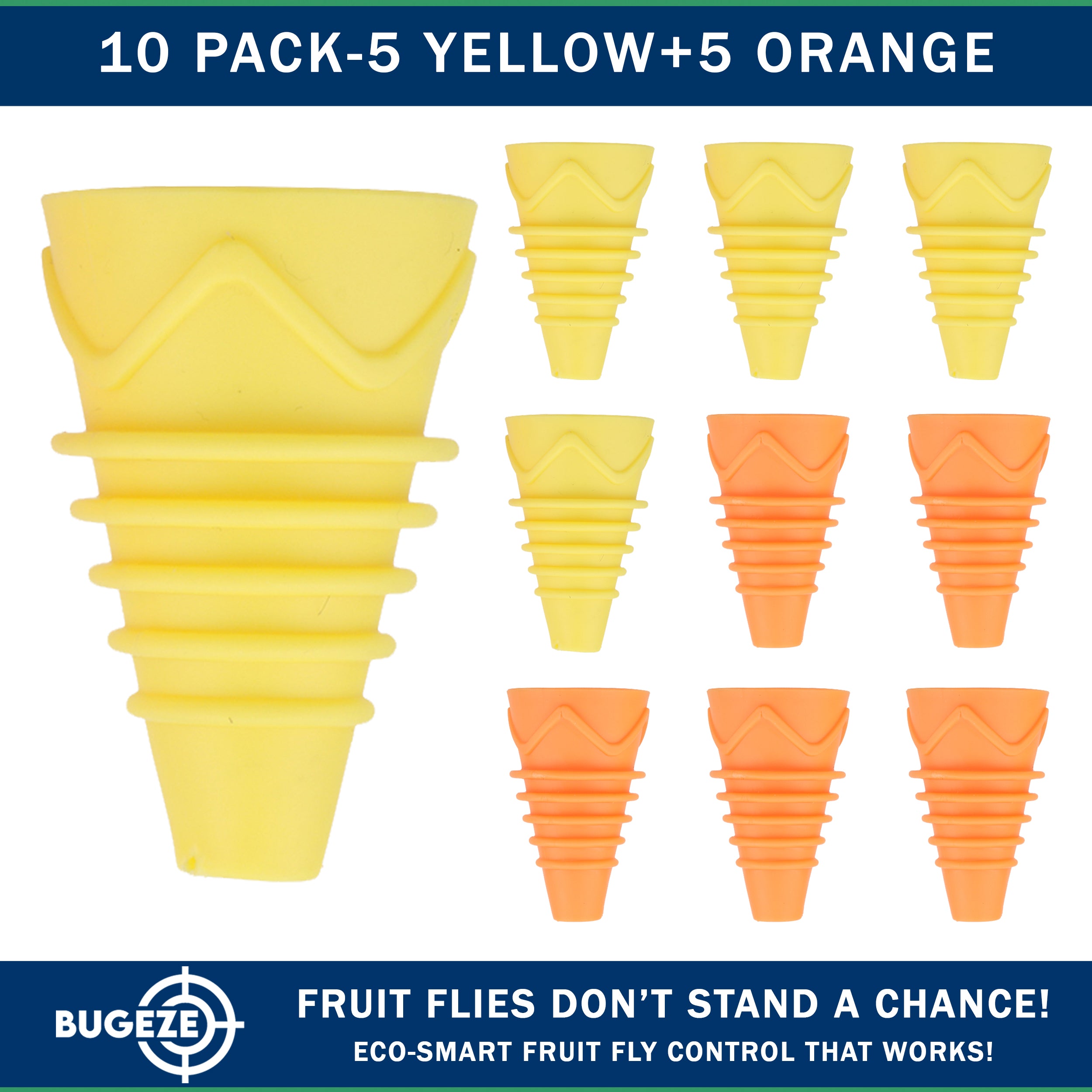 BUGEZE® USA Indoor Fruit Fly Trap for Kitchen – Reusable Bottle Top Gnat Catcher, Natural Fruit Fly Control for Home, Countertop & Pantry Safe [10 Pack -5 Yellow + 5 Orange]