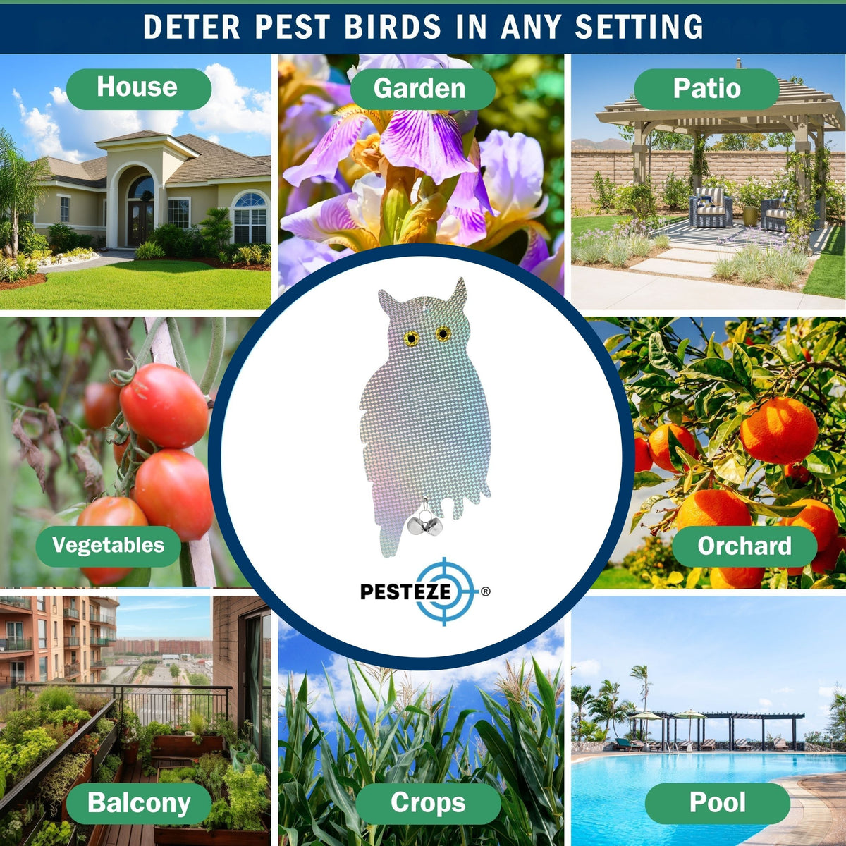 PESTEZE® USA Owl Bird Repellent Holographic Decoy with 2 Bells [9 x 15 inch] to Deter Woodpeckers, Pigeons, Crows, Ducks, Geese & Critters Using Reflective Scare Patterns for Humane Property Protection