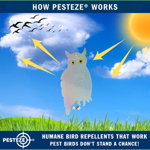 PESTEZE® Holographic Shiny Owl Bird Repellent With 2 Bells [9 x 15 inch] Reflection & Sound Scares Woodpeckers, Pigeons, Crows, Ducks, Geese & Critters from Yards Without Harming them to Protect Property
