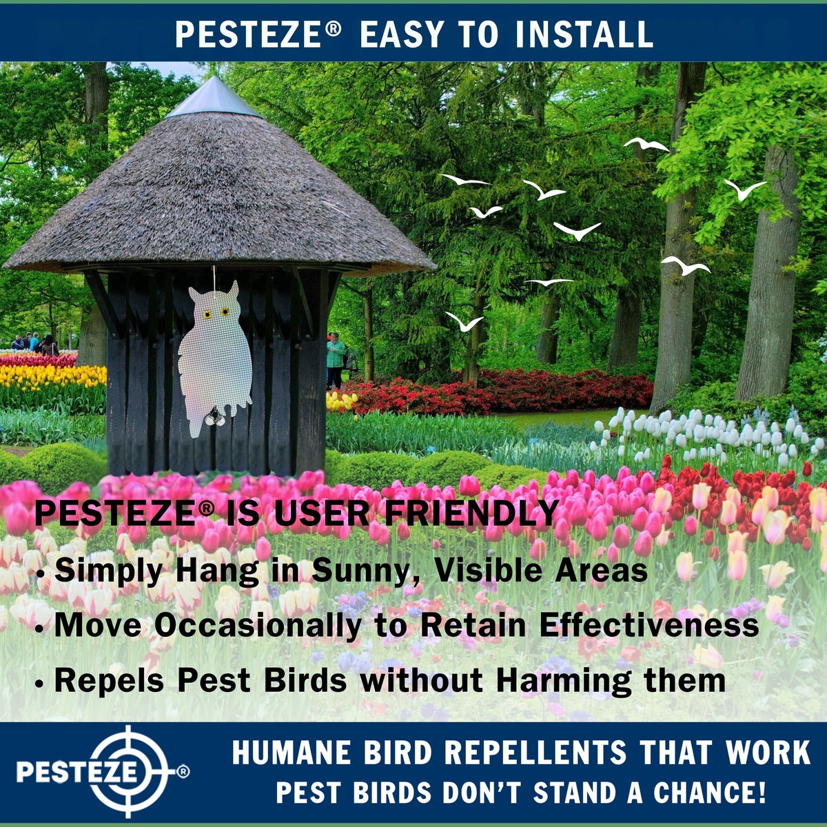 PESTEZE® USA Owl Bird Repellent Holographic Decoy with 2 Bells [9 x 15 inch] to Deter Woodpeckers, Pigeons, Crows, Ducks, Geese & Critters Using Reflective Scare Patterns for Humane Property Protection