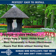 PESTEZE® USA Owl Bird Repellent Holographic Decoy with 2 Bells [9 x 15 inch] to Deter Woodpeckers, Pigeons, Crows, Ducks, Geese & Critters Using Reflective Scare Patterns for Humane Property Protection