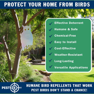 PESTEZE® Holographic Shiny Owl Bird Repellent With 2 Bells [9 x 15 inch] Reflection & Sound Scares Woodpeckers, Pigeons, Crows, Ducks, Geese & Critters from Yards Without Harming them to Protect Property
