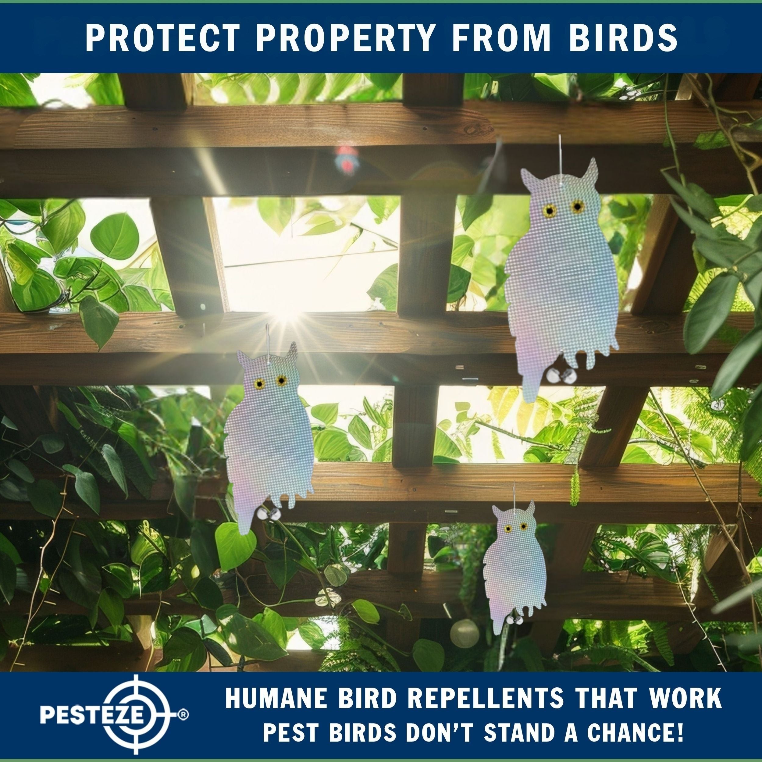 PESTEZE® Holographic Shiny Owl Bird Repellent With 2 Bells [9 x 15 inch] Reflection & Sound Scares Woodpeckers, Pigeons, Crows, Ducks, Geese & Critters from Yards Without Harming them to Protect Property