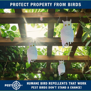 PESTEZE® Holographic Shiny Owl Bird Repellent With 2 Bells [9 x 15 inch] Reflection & Sound Scares Woodpeckers, Pigeons, Crows, Ducks, Geese & Critters from Yards Without Harming them to Protect Property