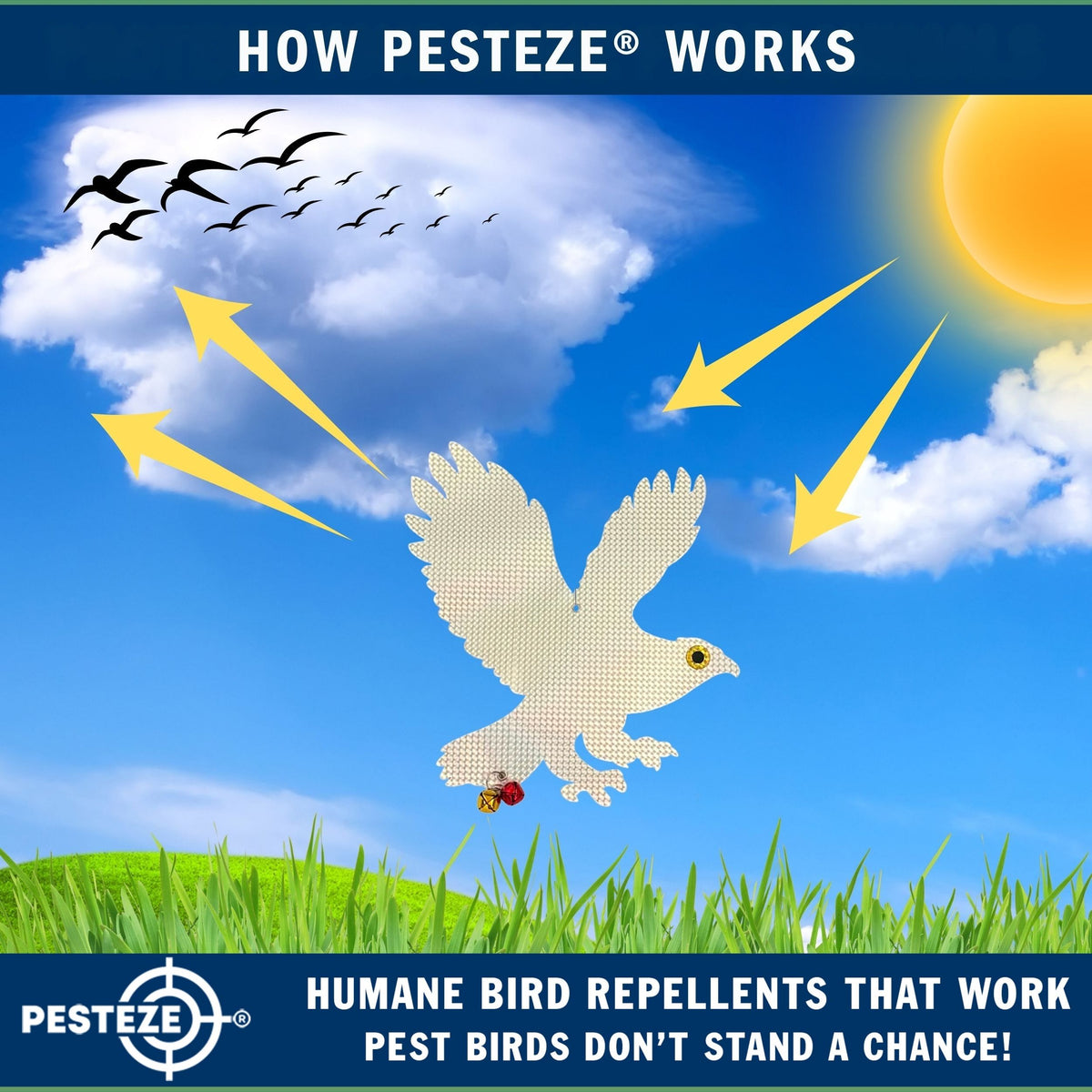 PESTEZE® USA Owl Bird Repellent Holographic Decoy with 2 Bells [12.5 × 16 in] Uses Reflective Shine and Sound to Deter Woodpeckers, Pigeons, Crows, Ducks, Geese & Outdoor Pests Safely Around Your Home