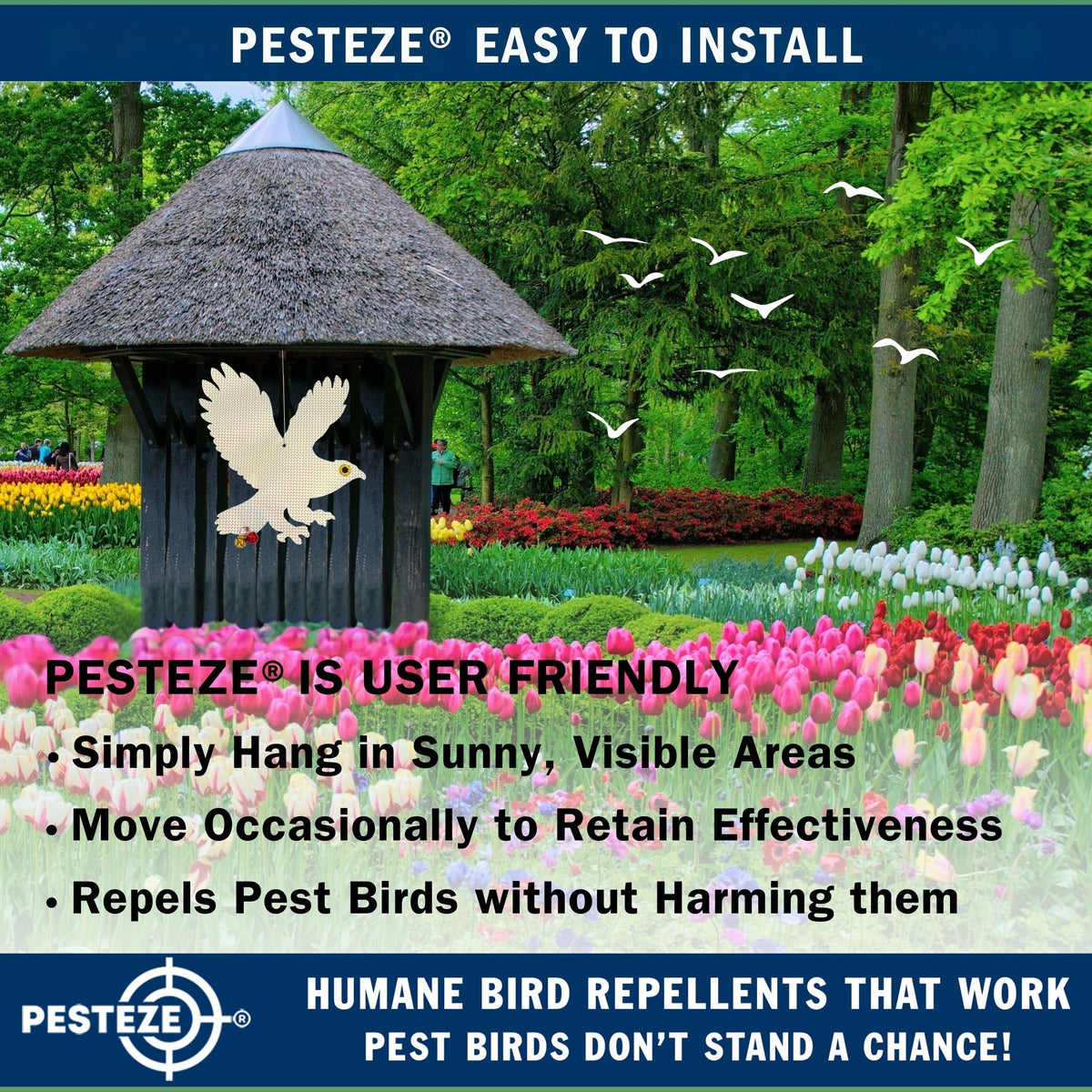 PESTEZE® USA Owl Bird Repellent Holographic Decoy with 2 Bells [12.5 × 16 in] Uses Reflective Shine and Sound to Deter Woodpeckers, Pigeons, Crows, Ducks, Geese & Outdoor Pests Safely Around Your Home