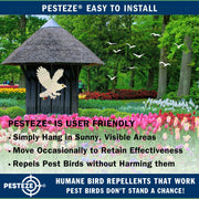 PESTEZE® USA Owl Bird Repellent Holographic Decoy with 2 Bells [12.5 × 16 in] Uses Reflective Shine and Sound to Deter Woodpeckers, Pigeons, Crows, Ducks, Geese & Outdoor Pests Safely Around Your Home