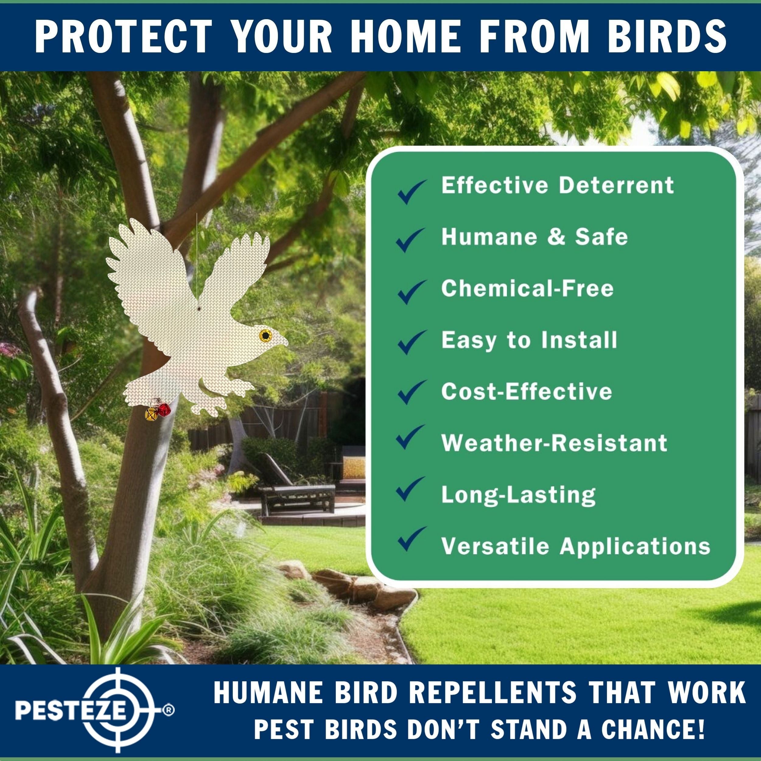 PESTEZE® Shiny Holographic Owl Bird Repellent with 2 Bells [12.5 x 16 inch] Sound & Reflection Deters Woodpeckers, Pigeons, Crows, Ducks, Geese & Critters from Yards without Harming them to Protect Property