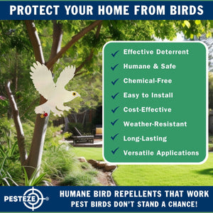 PESTEZE® Shiny Holographic Owl Bird Repellent with 2 Bells [12.5 x 16 inch] Sound & Reflection Deters Woodpeckers, Pigeons, Crows, Ducks, Geese & Critters from Yards without Harming them to Protect Property