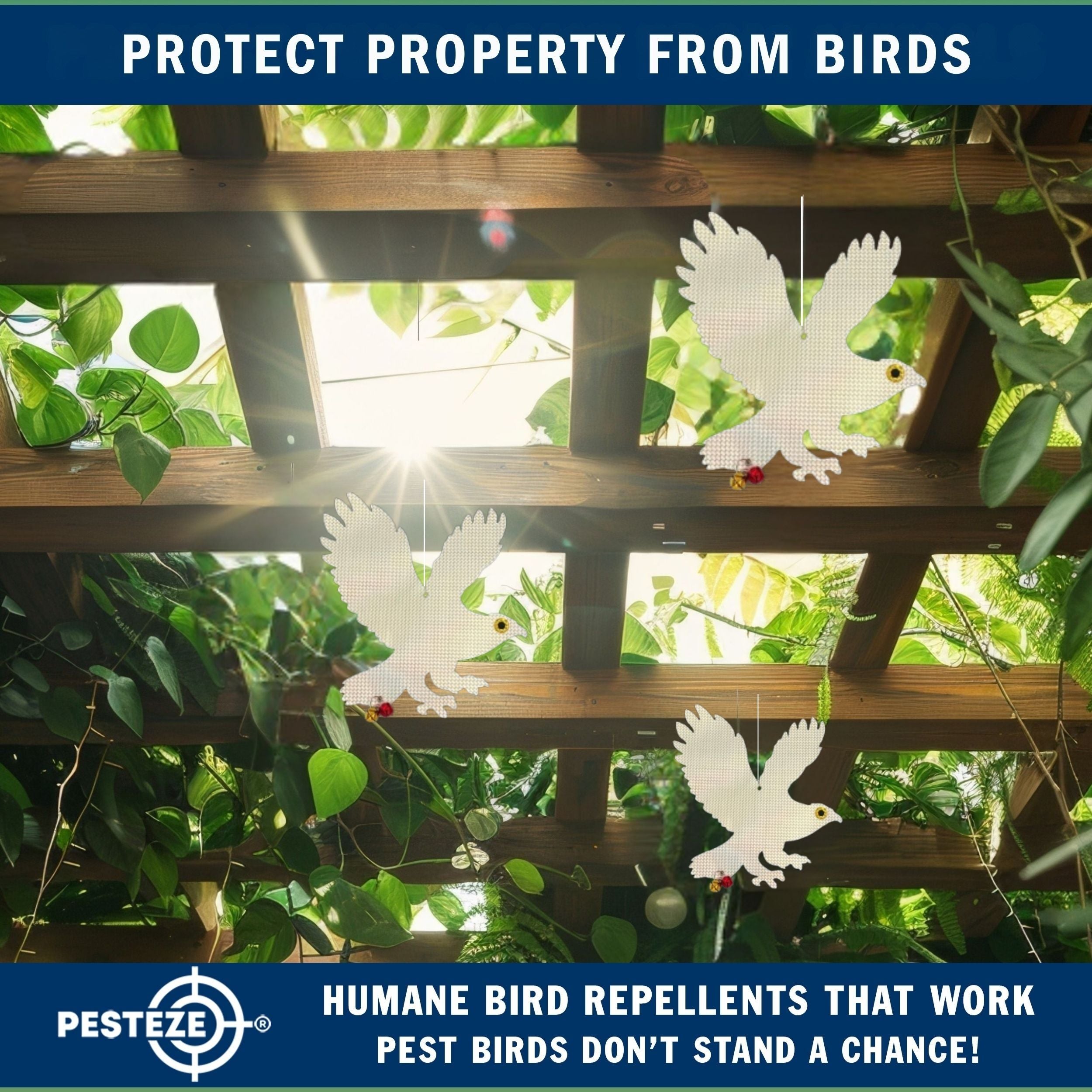 PESTEZE® Shiny Holographic Owl Bird Repellent with 2 Bells [12.5 x 16 inch] Sound & Reflection Deters Woodpeckers, Pigeons, Crows, Ducks, Geese & Critters from Yards without Harming them to Protect Property