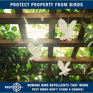 PESTEZE® Shiny Holographic Owl Bird Repellent with 2 Bells [12.5 x 16 inch] Sound & Reflection Deters Woodpeckers, Pigeons, Crows, Ducks, Geese & Critters from Yards without Harming them to Protect Property