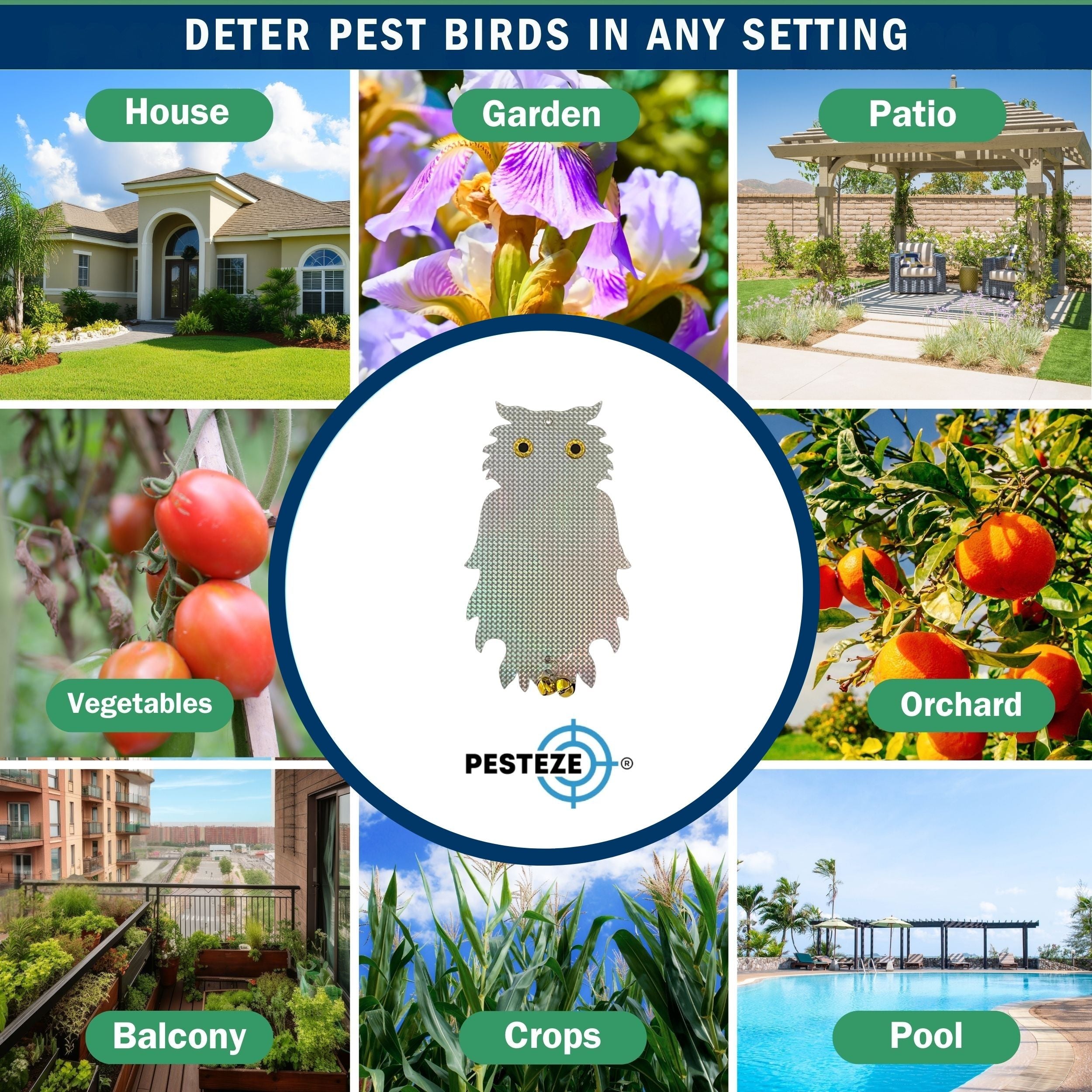 PESTEZE® Holographic Shiny Owl Bird Repellent with 2 Bells [8.25 x 15 inch] Sound & Reflection Deters Woodpeckers, Pigeons, Crows, Ducks, Geese & Critters from Yards without Harming them to Protect Property