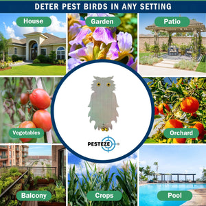PESTEZE® Holographic Shiny Owl Bird Repellent with 2 Bells [8.25 x 15 inch] Sound & Reflection Deters Woodpeckers, Pigeons, Crows, Ducks, Geese & Critters from Yards without Harming them to Protect Property