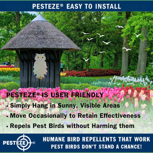 PESTEZE® Holographic Shiny Owl Bird Repellent with 2 Bells [8.25 x 15 inch] Sound & Reflection Deters Woodpeckers, Pigeons, Crows, Ducks, Geese & Critters from Yards without Harming them to Protect Property