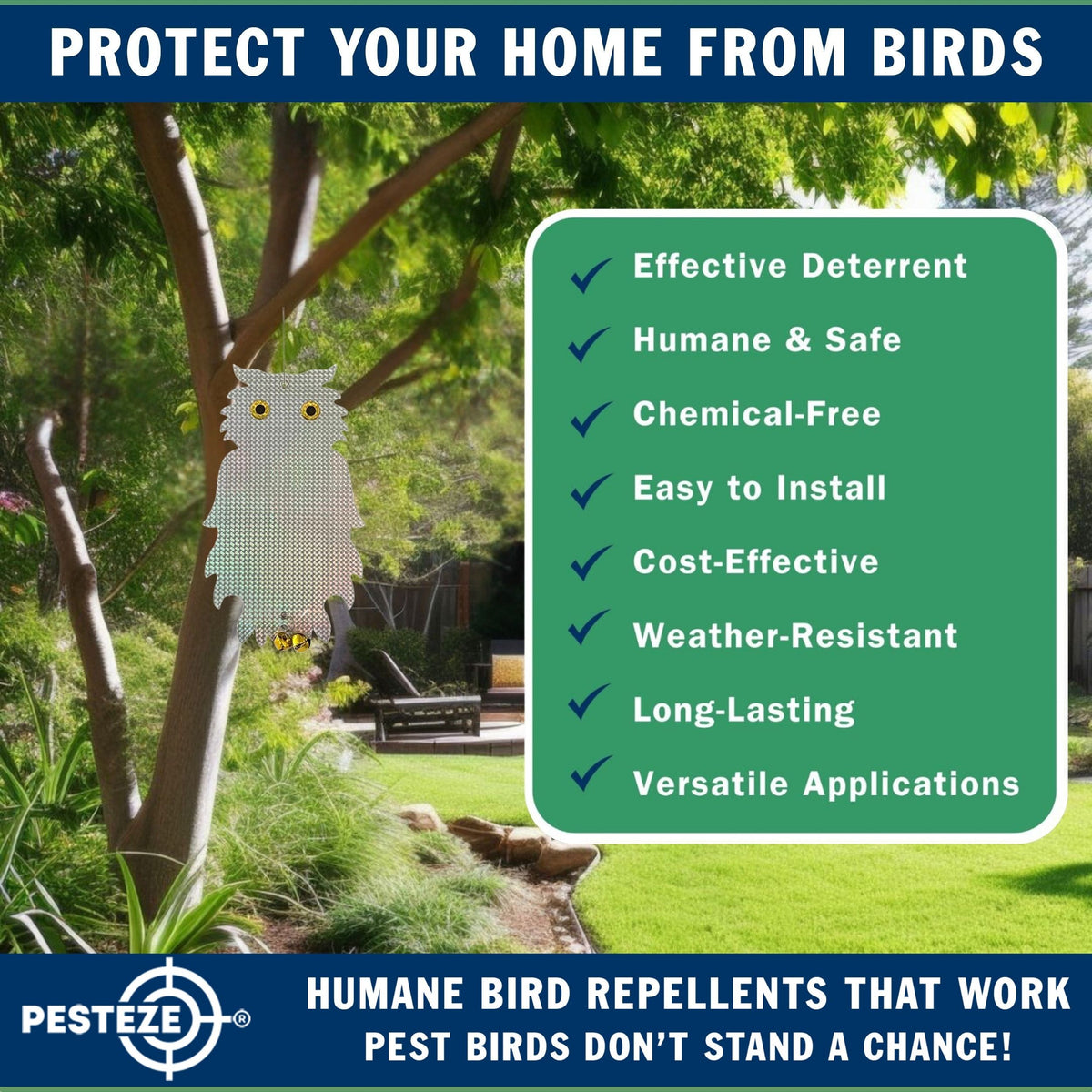 PESTEZE® USA Premium Owl Bird Repellent Holographic Decoy with 2 Bells [8.25 × 15 in] Uses Reflective Shine & Sound to Deter Woodpeckers, Pigeons, Crows, Ducks, Geese & Other Outdoor Pests Without Harming