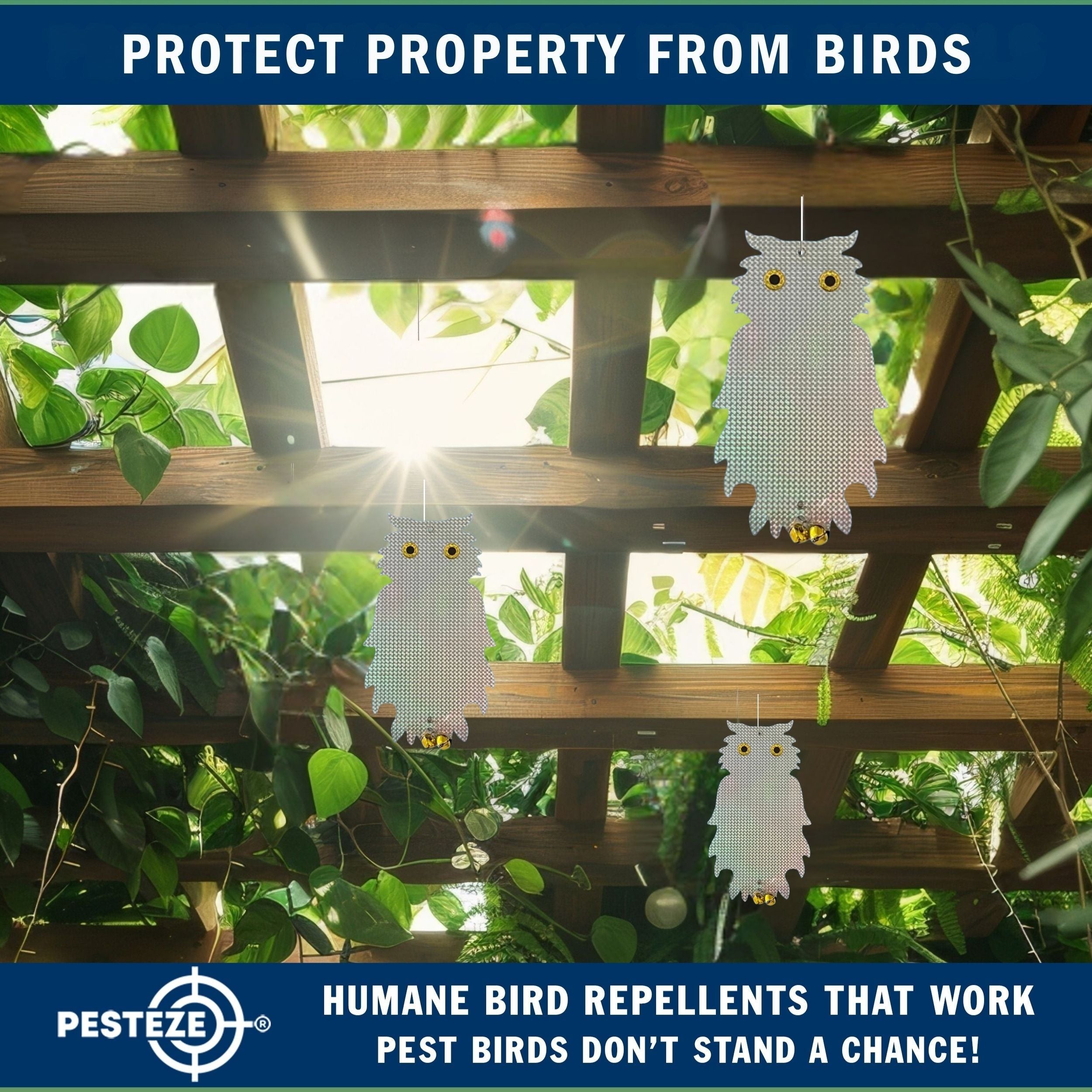 PESTEZE® Holographic Shiny Owl Bird Repellent with 2 Bells [8.25 x 15 inch] Sound & Reflection Deters Woodpeckers, Pigeons, Crows, Ducks, Geese & Critters from Yards without Harming them to Protect Property
