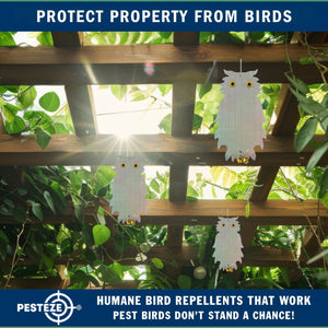 PESTEZE® Holographic Shiny Owl Bird Repellent with 2 Bells [8.25 x 15 inch] Sound & Reflection Deters Woodpeckers, Pigeons, Crows, Ducks, Geese & Critters from Yards without Harming them to Protect Property