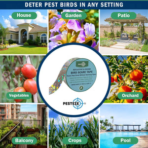 PESTEZE® Holographic Dual Sided Reflective & Sound Bird Scare Tape [1 Inch x 295 ft] Use in Yards & Farms to Protect Vegetables, Fruits, Crops & Buildings from Pest Birds & Critters without Harming them