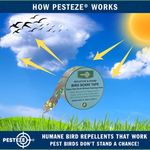 PESTEZE® Holographic Dual Sided Reflective & Sound Bird Scare Tape [1 Inch x 295 ft] Use in Yards & Farms to Protect Vegetables, Fruits, Crops & Buildings from Pest Birds & Critters without Harming them