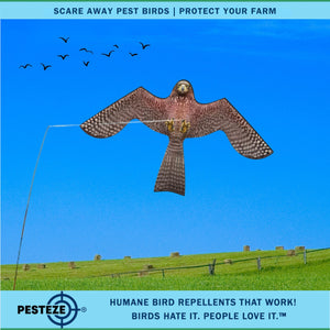 PESTEZE® Flying Hawk 46 x 26 Inch Kite Bird Scarer with 13 ft Flagpole. Use in Yards & Farms to Protect Vegetables, Fruits, Crops & Buildings from Pest Birds & Critters without Harming them