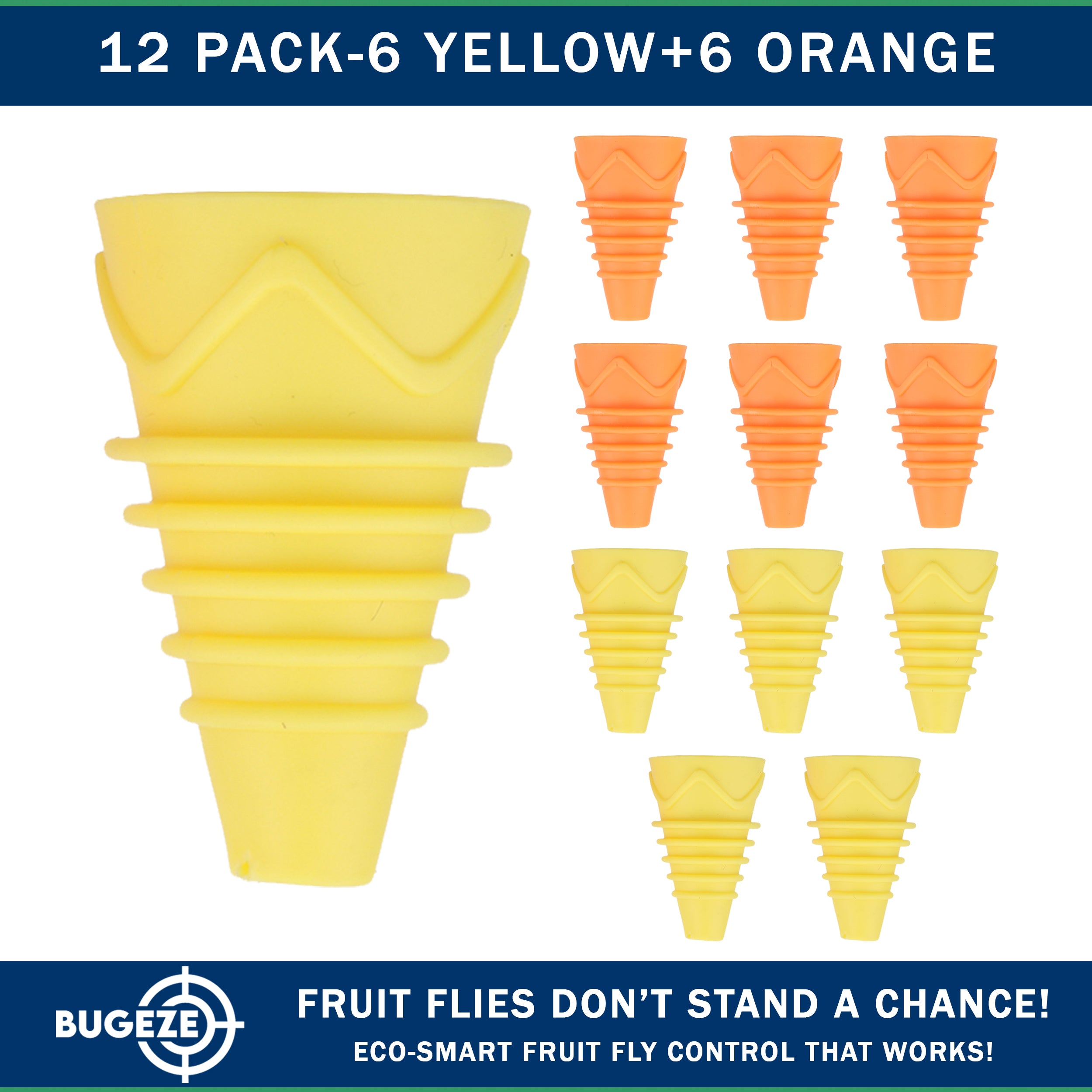 BUGEZE® USA Indoor Fruit Fly Trap for Kitchen – Reusable Bottle Top Gnat Catcher, Natural Fruit Fly Control for Home, Countertop & Pantry Safe [12 Pack -6 Yellow + 6 Orange]