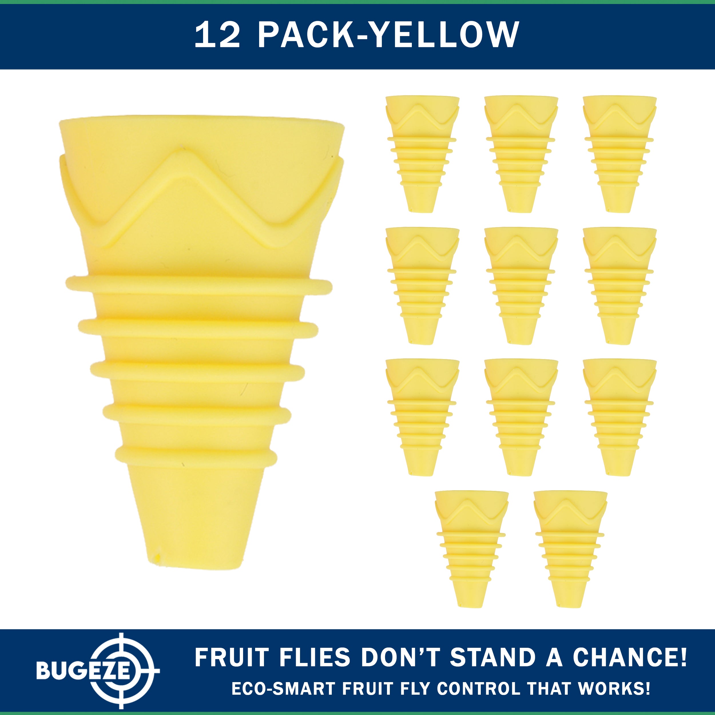BUGEZE® USA Reusable Fruit Fly Trap for Indoors – Natural Bottle Top Gnat Trap for Kitchen & Home, Durable Indoor Fruit Fly Catcher for Counters, Pantry & Sink Areas [12 Pack Yellow]