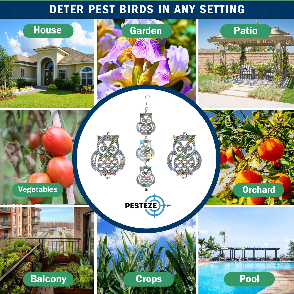 PESTEZE® USA Owl Bird Deterrent Reflective Hanging Repellent Decoy Strips, 3 Pack 5 x 24 in Shiny Holographic Scare Device Keep Birds Away Outdoor Porch Garden Yard Patio Roof Protection