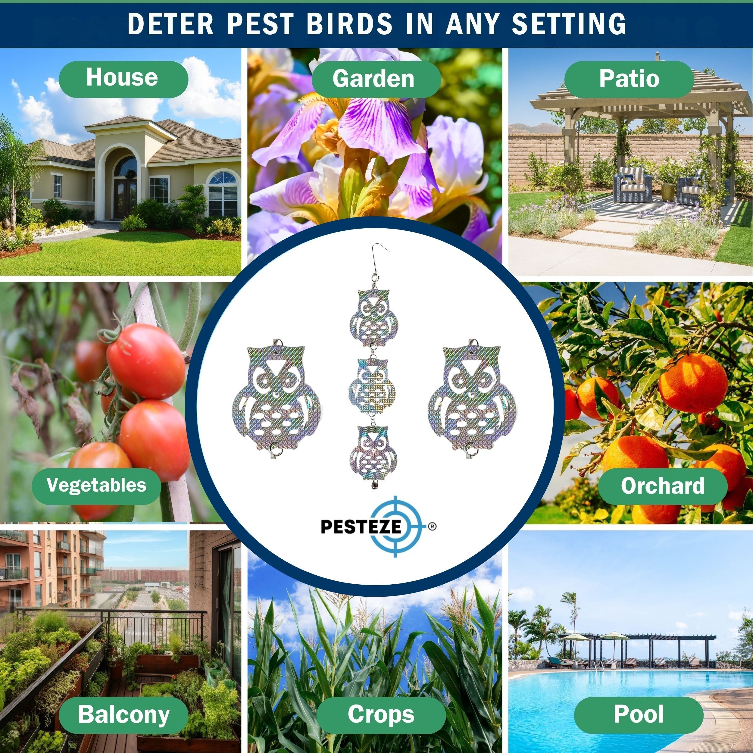 3 Piece PESTEZE® Shiny Holographic Owl Bird Repellents [5 x 24 inch] Reflection Scares Pest Birds like Woodpeckers, Sparrows, Pigeons, Crows & Gulls without Harming them to Protect Property