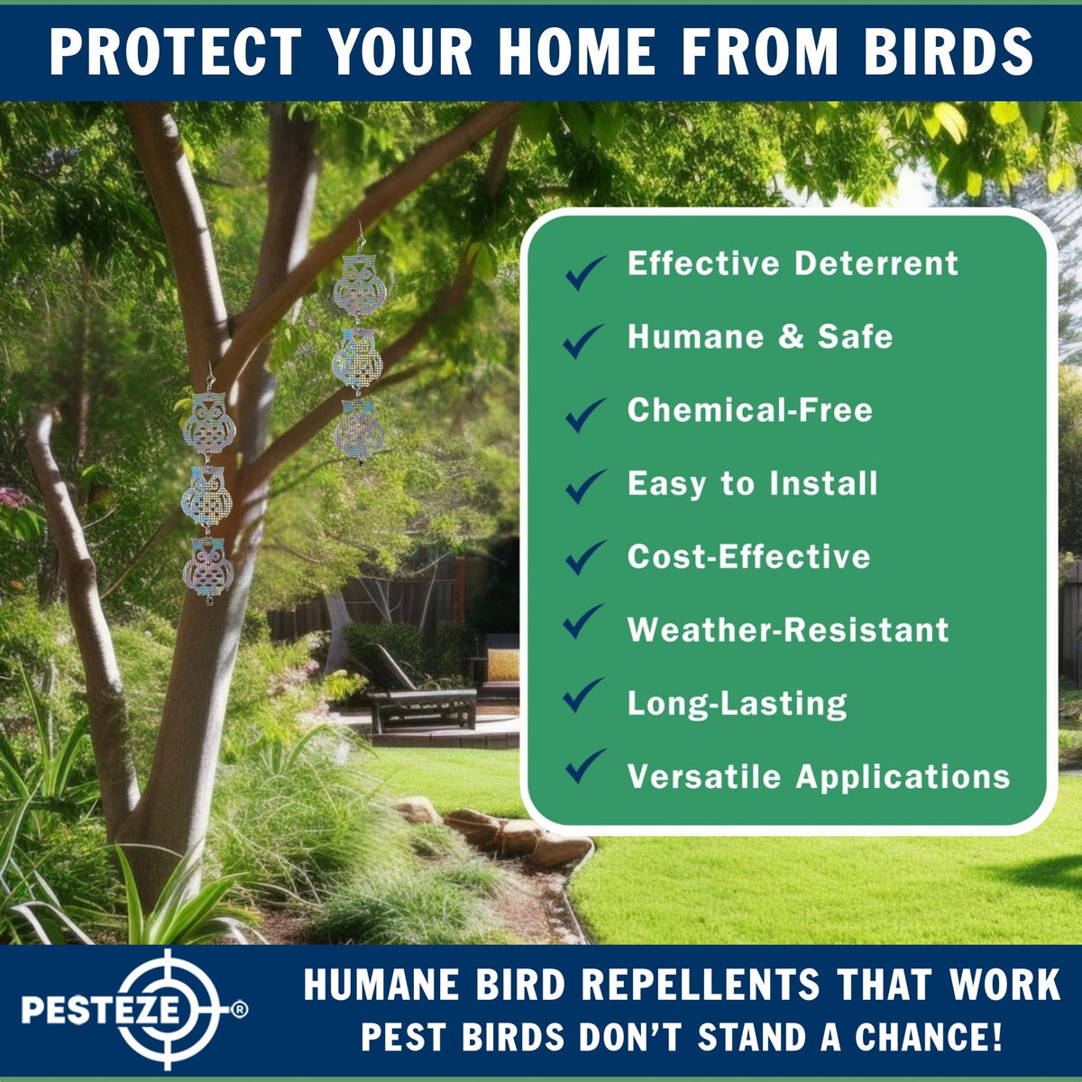 PESTEZE® USA Owl Bird Deterrent Reflective Hanging Repellent Decoy Strips, 3 Pack 5 x 24 in Shiny Holographic Scare Device Keep Birds Away Outdoor Porch Garden Yard Patio Roof Protection