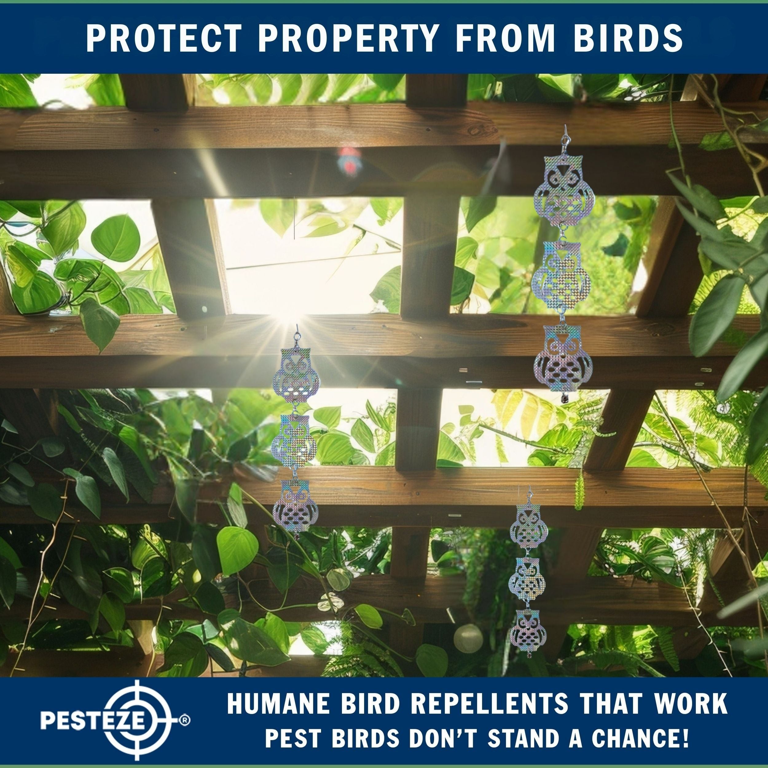 3 Piece PESTEZE® Shiny Holographic Owl Bird Repellents [5 x 24 inch] Reflection Scares Pest Birds like Woodpeckers, Sparrows, Pigeons, Crows & Gulls without Harming them to Protect Property