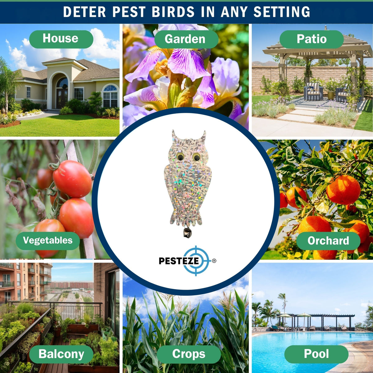 PESTEZE® USA Owl Bird Deterrent Reflective Hanging Decoy Repellent with Bell, 2 Pack 6 x 13.5 in Shiny Scare Device Keep Birds Away Outdoor Porch Garden Yard Patio Protect Property
