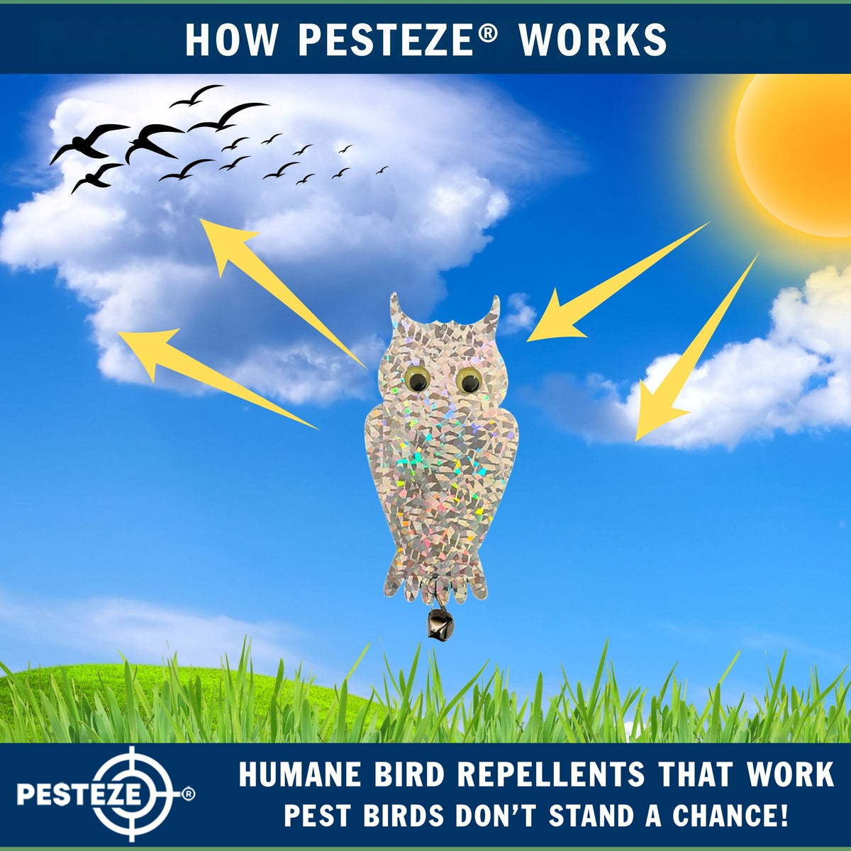 PESTEZE® USA Owl Bird Deterrent Reflective Hanging Decoy Repellent with Bell, 2 Pack 6 x 13.5 in Shiny Scare Device Keep Birds Away Outdoor Porch Garden Yard Patio Protect Property