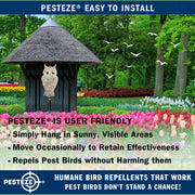 PESTEZE® USA Owl Bird Deterrent Reflective Hanging Decoy Repellent with Bell, 2 Pack 6 x 13.5 in Shiny Scare Device Keep Birds Away Outdoor Porch Garden Yard Patio Protect Property