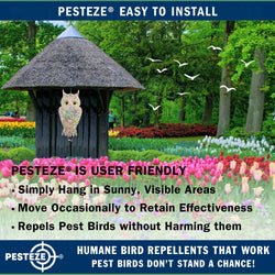 2 Pack PESTEZE® Holographic Shiny Owl Bird Repellent with Bell [6 x 13.5 inch] Reflection Scares Pest Birds like Woodpeckers, Sparrows, Pigeons, Crows, & Gulls Without Harming them to Protect Property