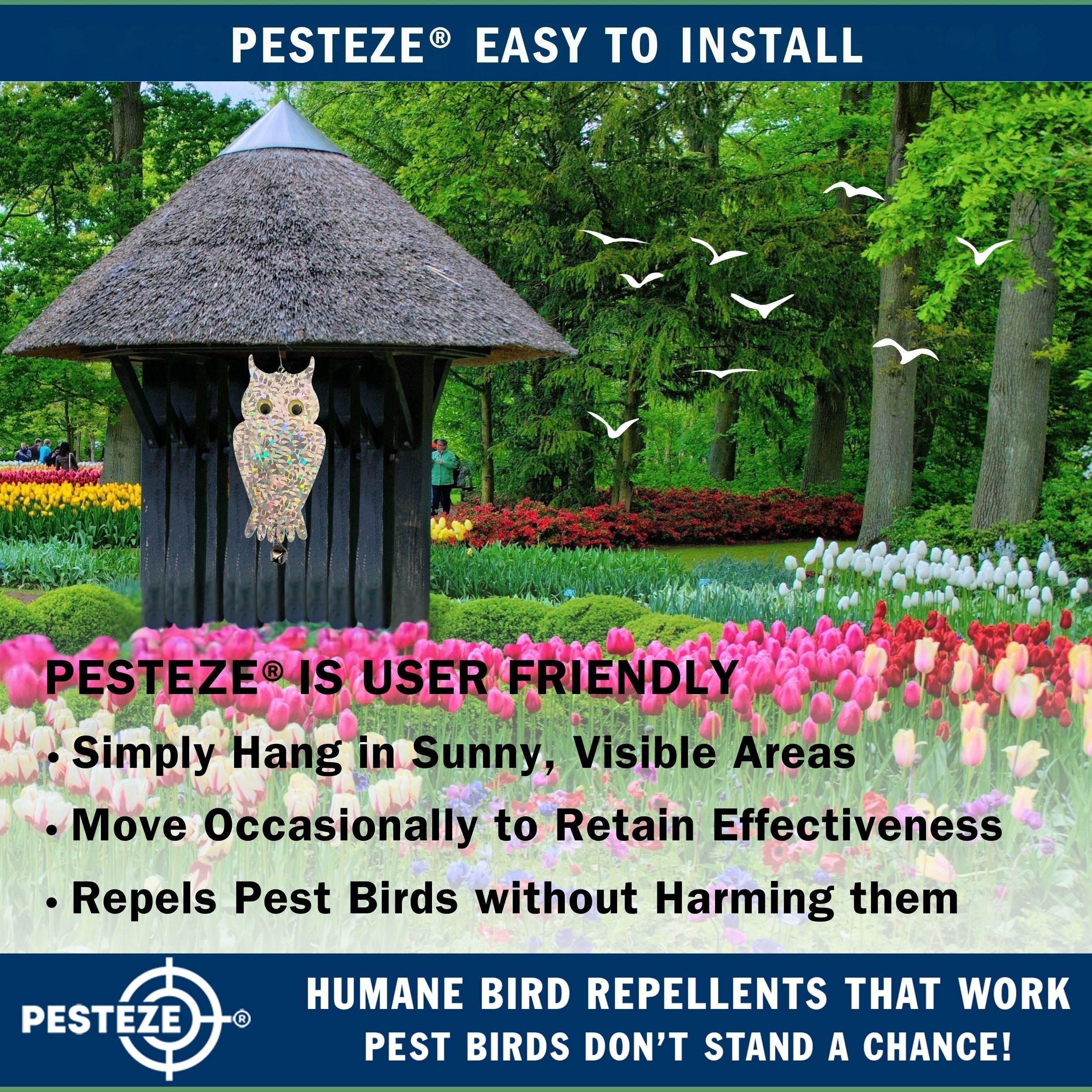 2 Pack PESTEZE® Holographic Shiny Owl Bird Repellent with Bell [6 x 13.5 inch] Reflection Scares Pest Birds like Woodpeckers, Sparrows, Pigeons, Crows, & Gulls Without Harming them to Protect Property