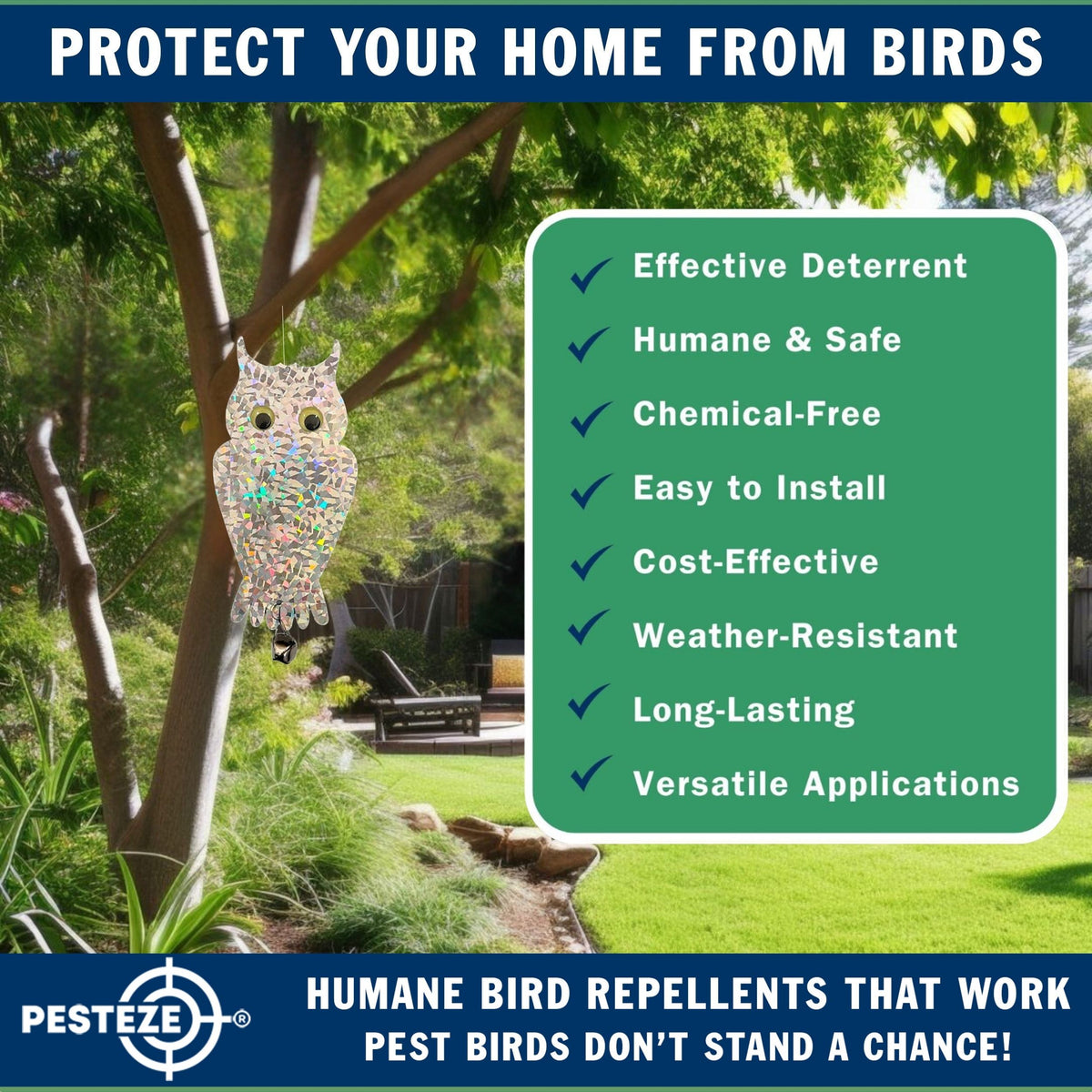 PESTEZE® USA Owl Bird Deterrent Reflective Hanging Decoy Repellent with Bell, 2 Pack 6 x 13.5 in Shiny Scare Device Keep Birds Away Outdoor Porch Garden Yard Patio Protect Property