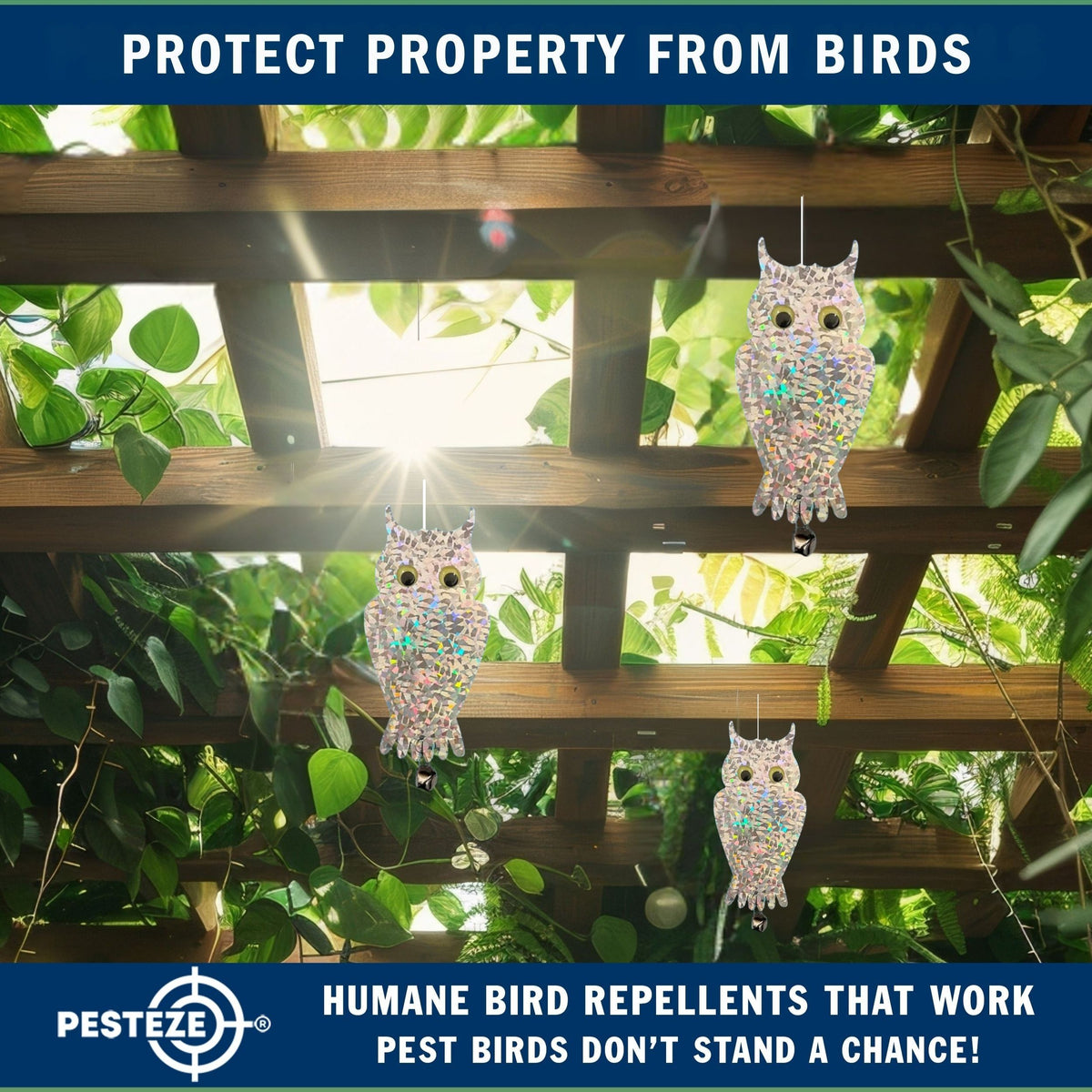 PESTEZE® USA Owl Bird Deterrent Reflective Hanging Decoy Repellent with Bell, 2 Pack 6 x 13.5 in Shiny Scare Device Keep Birds Away Outdoor Porch Garden Yard Patio Protect Property