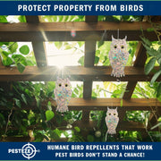 PESTEZE® USA Owl Bird Deterrent Reflective Hanging Decoy Repellent with Bell, 2 Pack 6 x 13.5 in Shiny Scare Device Keep Birds Away Outdoor Porch Garden Yard Patio Protect Property