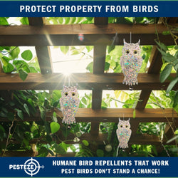 2 Pack PESTEZE® Holographic Shiny Owl Bird Repellent with Bell [6 x 13.5 inch] Reflection Scares Pest Birds like Woodpeckers, Sparrows, Pigeons, Crows, & Gulls Without Harming them to Protect Property