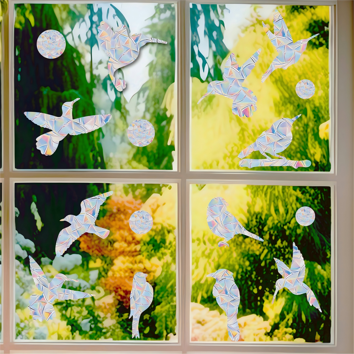 PESTEZE® USA Premium Window Bird Decals-Rainbow Leaf & Bird Anti Collision Static Cling Stickers for Windows to Prevent Wild Birds from Striking & Hitting Glass–32 Pack Sun Catcher Window Alert Clings