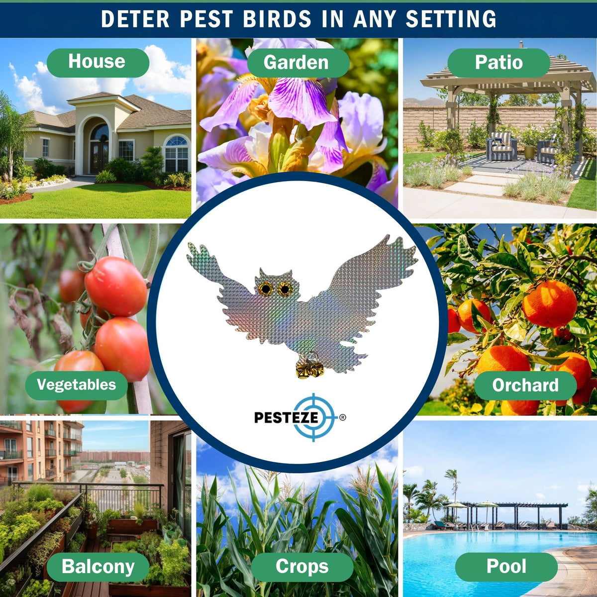 PESTEZE® USA Premium Owl Bird Repellent Holographic Decoy with 2 Bells [15 × 9.5 in] Uses Reflective Shine & Sound to Deter Woodpeckers, Pigeons, Crows, Ducks, Geese & Outdoor Pests Safely Around Homes