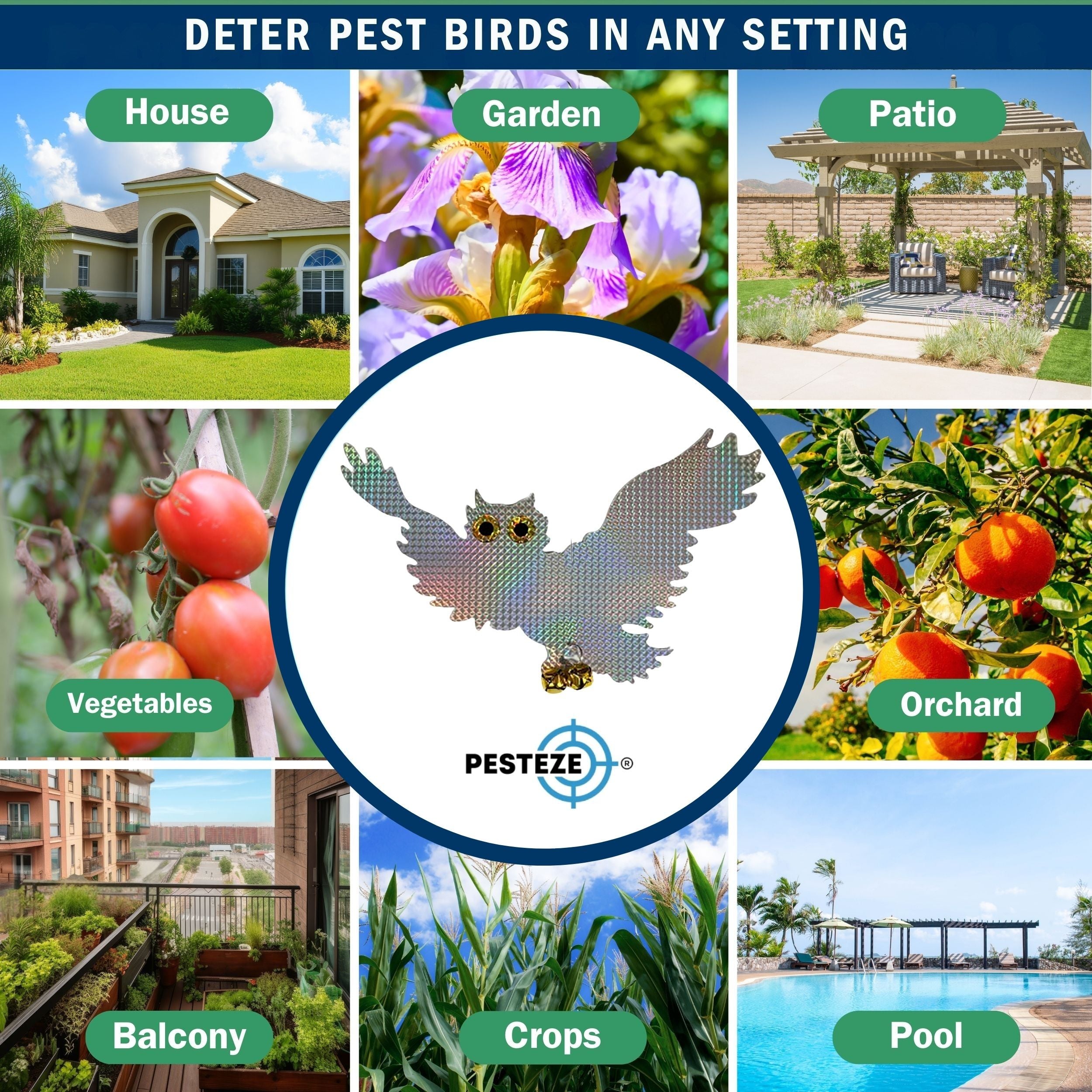 PESTEZE® Holographic Shiny Owl Bird Repellent with 2 Bells [15 x 9.5 inch] Reflection & Sound Scares Woodpeckers, Pigeons, Crows, Ducks, Geese & Critters from Yards without Harming them to Protect Property