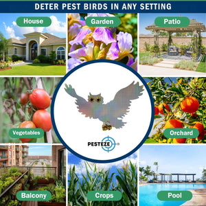 PESTEZE® Holographic Shiny Owl Bird Repellent with 2 Bells [15 x 9.5 inch] Reflection & Sound Scares Woodpeckers, Pigeons, Crows, Ducks, Geese & Critters from Yards without Harming them to Protect Property