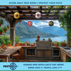 PESTEZE® Large 15" Yellow, Red, White & Black Bird Predator-Eye Balloon Deterrents [4 Pack Multi-Color] Repels Unwanted Pest Birds like Pigeons, Gulls, Geese & Critters from Pools & Yards Without Harming Them To Protect Property