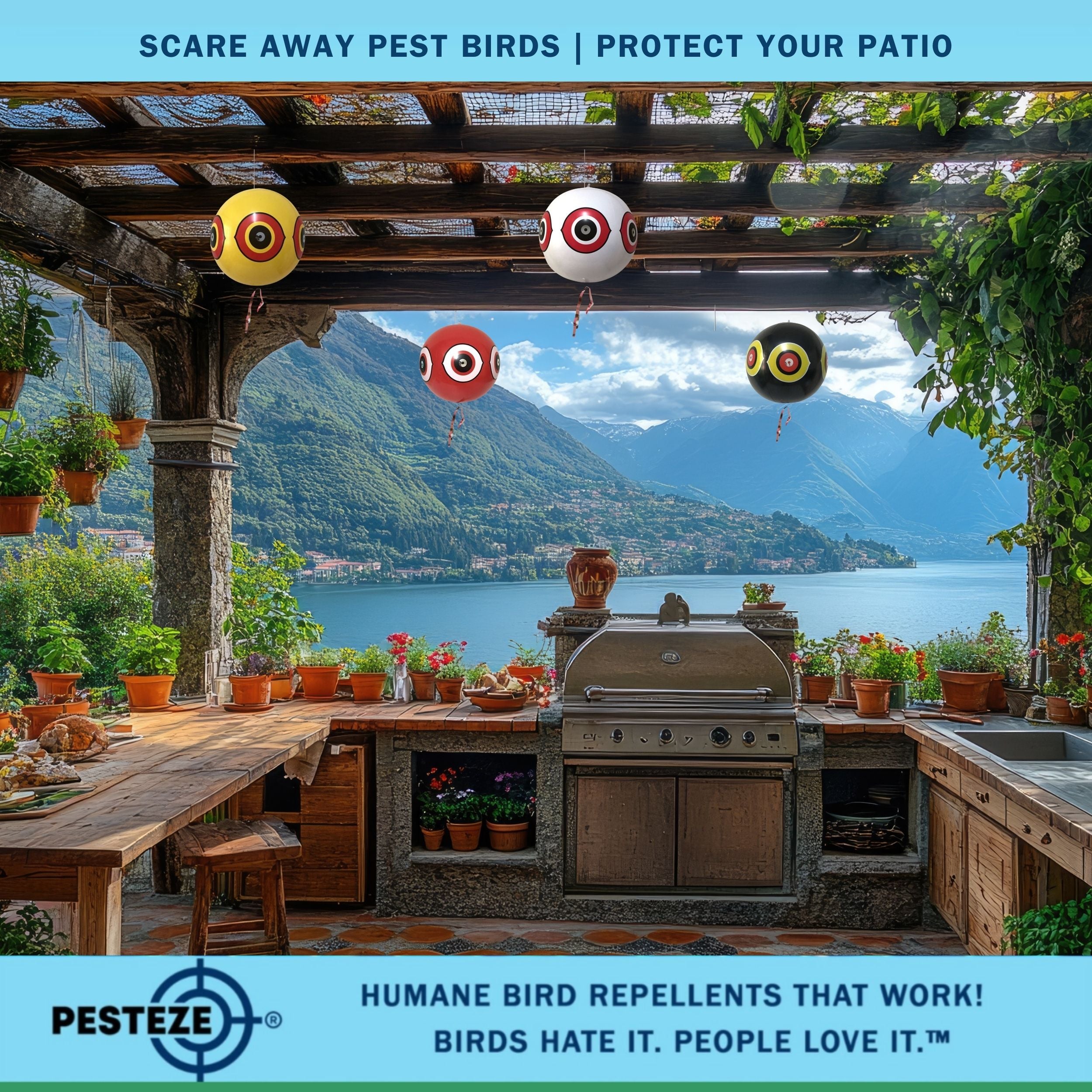 PESTEZE® Large 15" Yellow, Red, White & Black Bird Predator-Eye Balloon Deterrents [4 Pack Multi-Color] Repels Unwanted Pest Birds like Pigeons, Gulls, Geese & Critters from Pools & Yards Without Harming Them To Protect Property