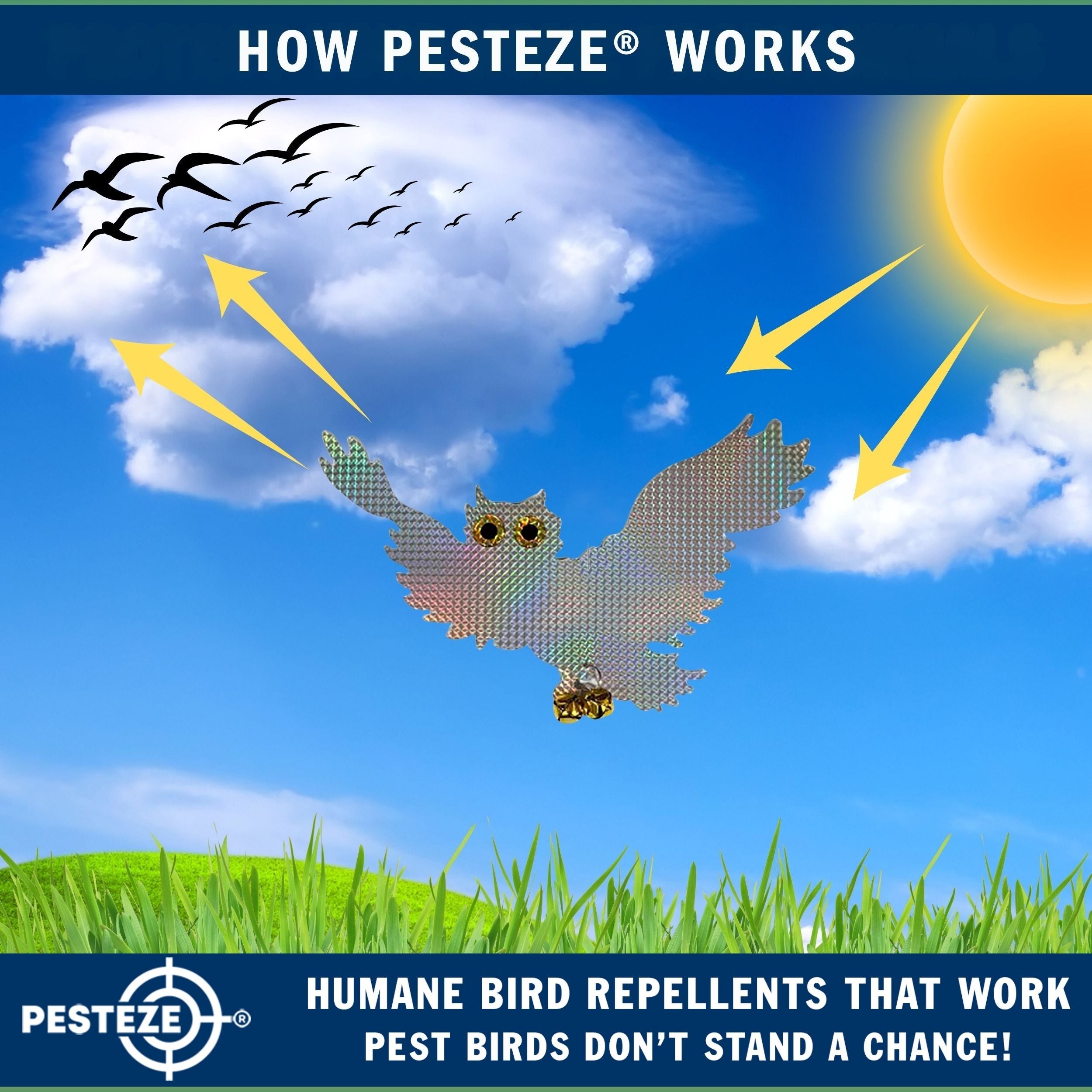 PESTEZE® Holographic Shiny Owl Bird Repellent with 2 Bells [15 x 9.5 inch] Reflection & Sound Scares Woodpeckers, Pigeons, Crows, Ducks, Geese & Critters from Yards without Harming them to Protect Property