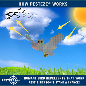 PESTEZE® Holographic Shiny Owl Bird Repellent with 2 Bells [15 x 9.5 inch] Reflection & Sound Scares Woodpeckers, Pigeons, Crows, Ducks, Geese & Critters from Yards without Harming them to Protect Property