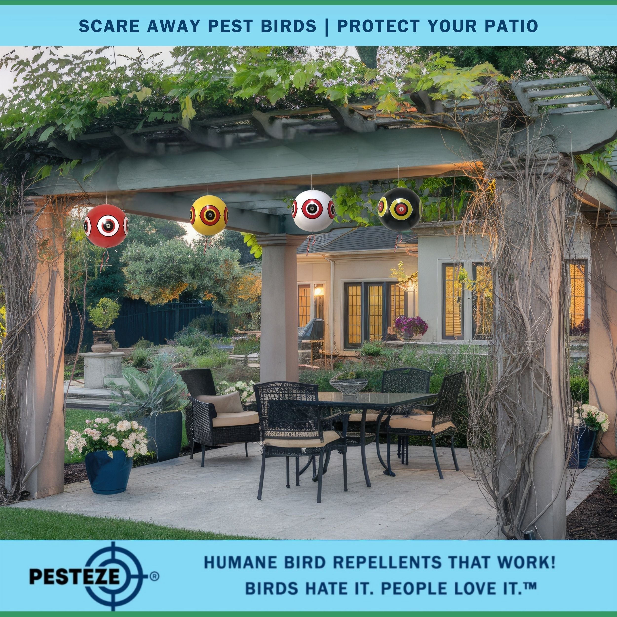 PESTEZE® Large 15" Yellow, Red, White & Black Bird Predator-Eye Balloon Deterrents [4 Pack Multi-Color] Repels Unwanted Pest Birds like Pigeons, Gulls, Geese & Critters from Pools & Yards Without Harming Them To Protect Property