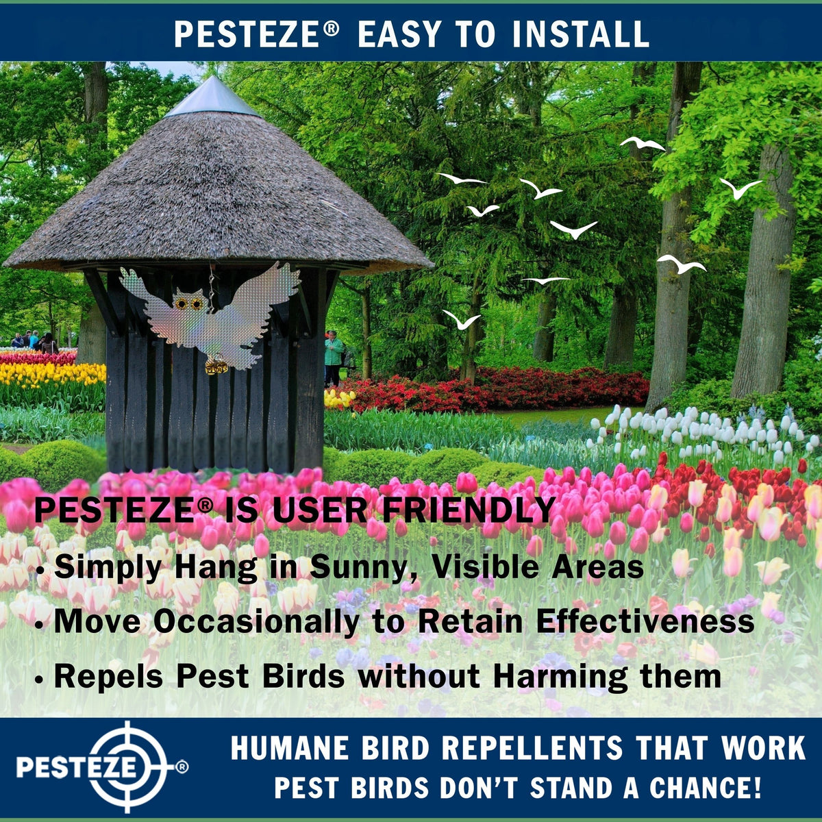 PESTEZE® USA Premium Owl Bird Repellent Holographic Decoy with 2 Bells [15 × 9.5 in] Uses Reflective Shine & Sound to Deter Woodpeckers, Pigeons, Crows, Ducks, Geese & Outdoor Pests Safely Around Homes